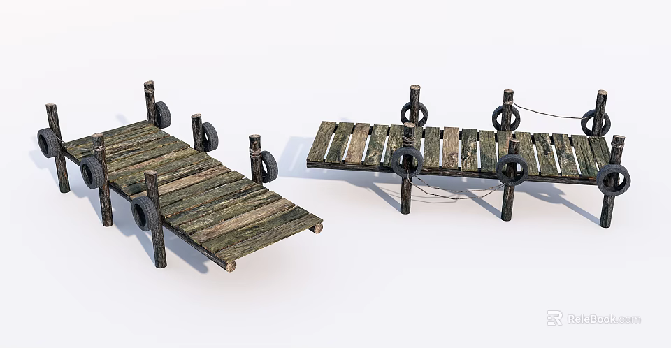 Vintage Wooden Bridge With Tires And Planks For Floating Pathway 3d model 