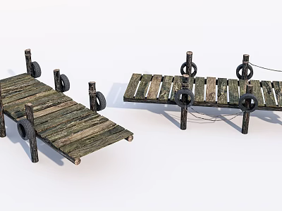 Vintage Wooden Bridge With Tires And Planks For Floating Pathway 3d model