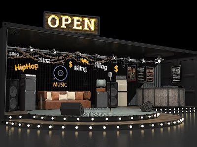 HipHop Blues R&B Music Stage With OPEN Sign Microphone Sofa Speakers And Stage Lights 3d model