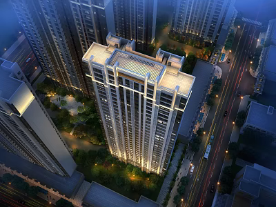 Aerial Planning of Urban High Rise Buildings With Night Lighting Roads And Greenery 3d model