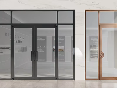 Modern Glass Entrance Doors with Black and Brass Frames for Display Space 3d model
