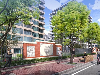 Modern High Rise Building Exterior Wall with Red Brick Design Surrounded by Trees and Pedestrians 3d model