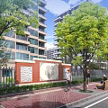 Modern High Rise Building Exterior Wall with Red Brick Design Surrounded by Trees and Pedestrians
