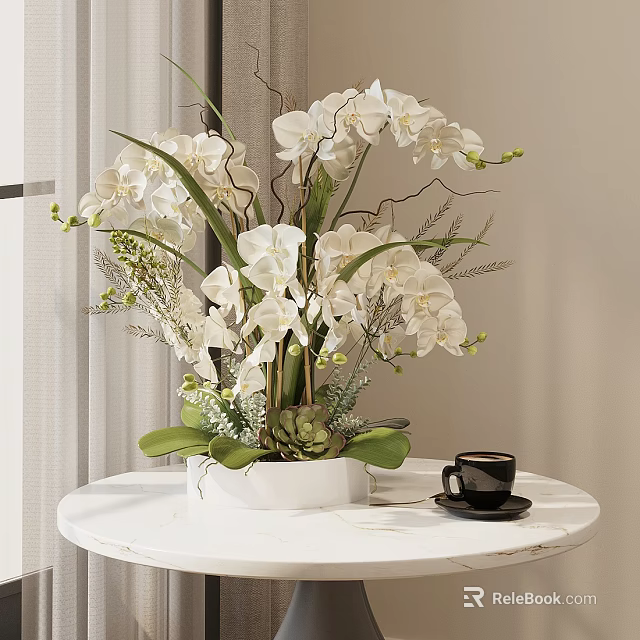 Potted Orchid Plant With White Orchids Green Leaves In White Pot On Round Table 3d model 