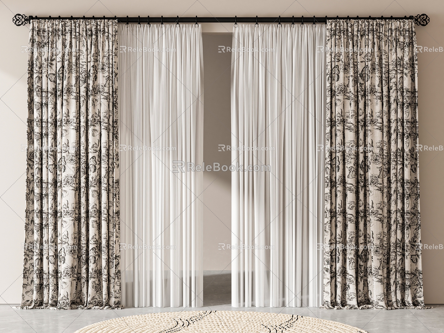 Curtain French Retro Curtain Floral Curtain 3d model