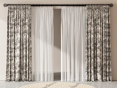 Classic Floral Pattern Curtains With Sheer White Layers And Black Curtain Rod 3d model
