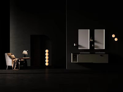 Modern Minimalist Wall Mounted Washbasin Vanity With Double Mirrors And Wall Lights On Black Background 3d model
