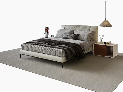 Modern Upholstered Double Bed With Gray Pillows Bedside Tables Pendant Light And Soft Carpet 3d model