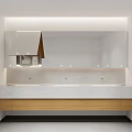 Modern Public Restroom Interior Featuring Bright Mirrors Clean Washbasin Counter And Wooden Cabinets