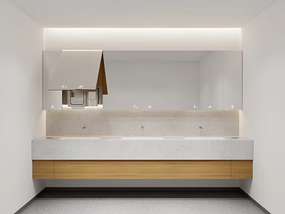 Modern Public Restroom Interior Featuring Bright Mirrors Clean Washbasin Counter And Wooden Cabinets 3d model