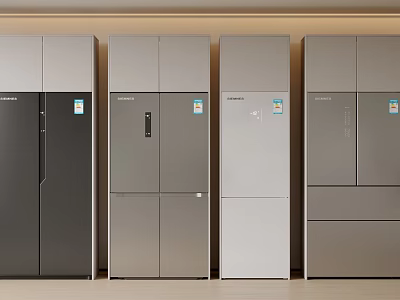 Samsung Modern Refrigerators In Multiple Colors With Various Door Designs Displayed Side By Side 3d model