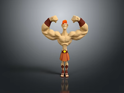 Cartoon Toy Figure Muscular Red Hair Orange Skirt Brown Wristbands Standing Gray Background Displaying Muscles 3d model