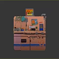 Cartoon Pink Building Scene With Small Shop Counter Platform Signboard And Decorations