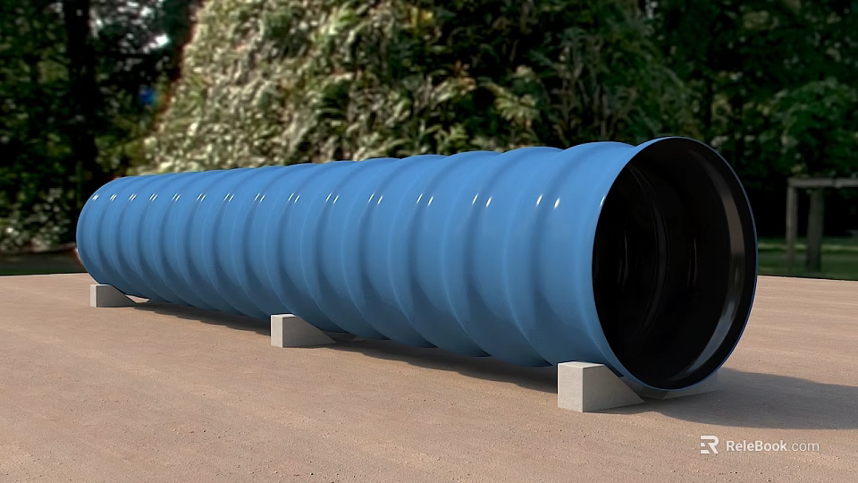 Construction Site Blue Corrugated Pipe with Support Blocks on Ground and Trees Background 3d model 
