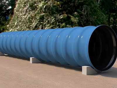 Construction Site Blue Corrugated Pipe with Support Blocks on Ground and Trees Background 3d model
