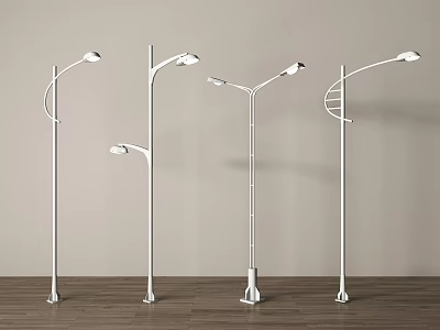White Outdoor Lights with Five Different Designs Standing on Wooden Floor and Light Colored Background 3d model