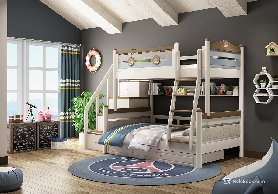 Cozy Kids Room Interior With Bunk Bed Storage Stairs Curtains Rug Plant And Decorative Items 3d model 