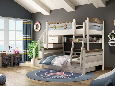 Cozy Kids Room Interior With Bunk Bed Storage Stairs Curtains Rug Plant And Decorative Items 3d model