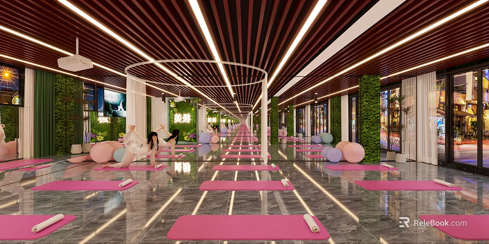 Modern Yoga Studio Fitness Space With Pink Mats Exercise Balls And Green Plant Walls 3d model 
