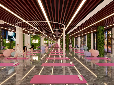 Modern Yoga Studio Fitness Space With Pink Mats Exercise Balls And Green Plant Walls 3d model