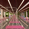 Modern Yoga Studio Fitness Space With Pink Mats Exercise Balls And Green Plant Walls