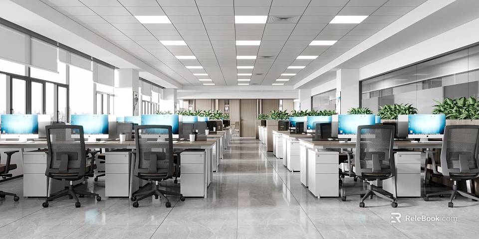 Spacious Public Office Space With Workstations Ergonomic Chairs Computers And Green Plants 3d model