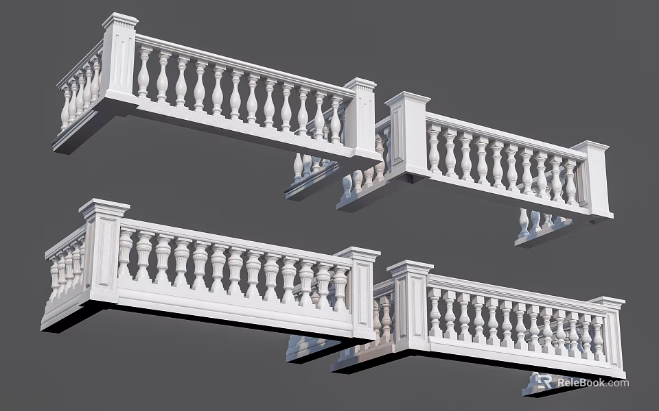 White Decorative Railing Design With Baluster Structure For Balcony And Staircase 3d model 