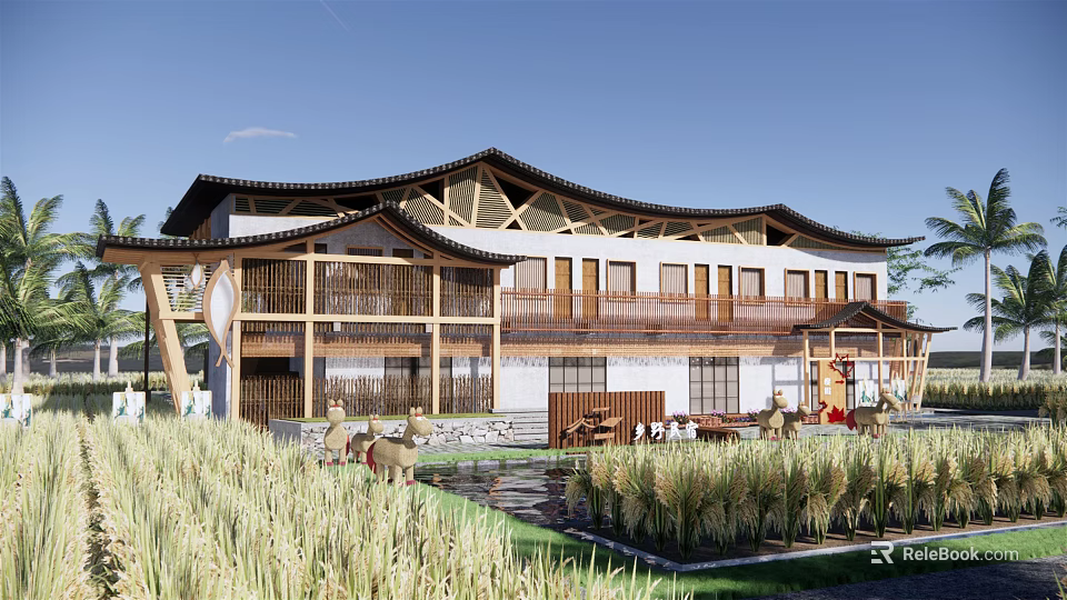 Traditional Rural Guesthouse Architecture With Wooden Structure Grassland Pond And Natural Surroundings 3d model 