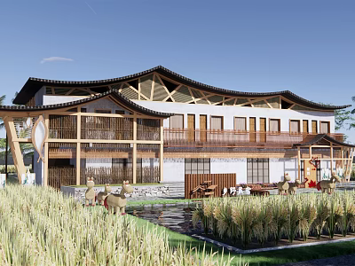 Traditional Rural Guesthouse Architecture With Wooden Structure Grassland Pond And Natural Surroundings 3d model