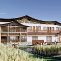 Traditional Rural Guesthouse Architecture With Wooden Structure Grassland Pond And Natural Surroundings