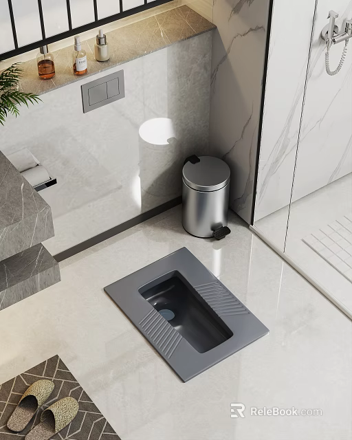 Gray Squat Toilet in Modern Bathroom Interior With Marble Wall and Tile Floor 3d model 