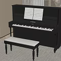 Black Upright Piano With Bench And Sheet Music In Bright Room Interior