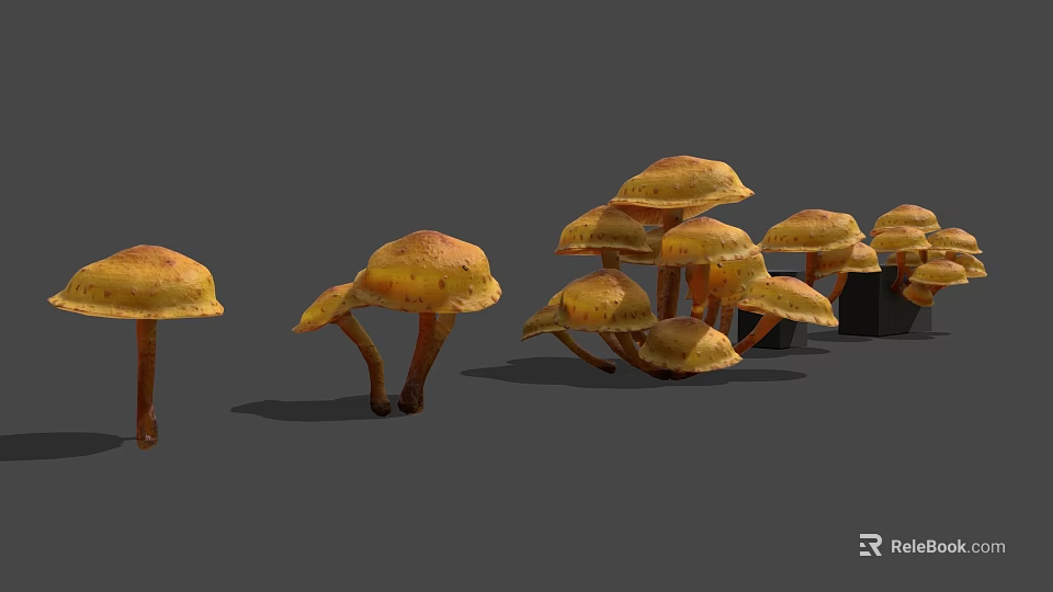 Yellow Spotted Mushrooms In Various Sizes With Shadows On Gray Background 3d model