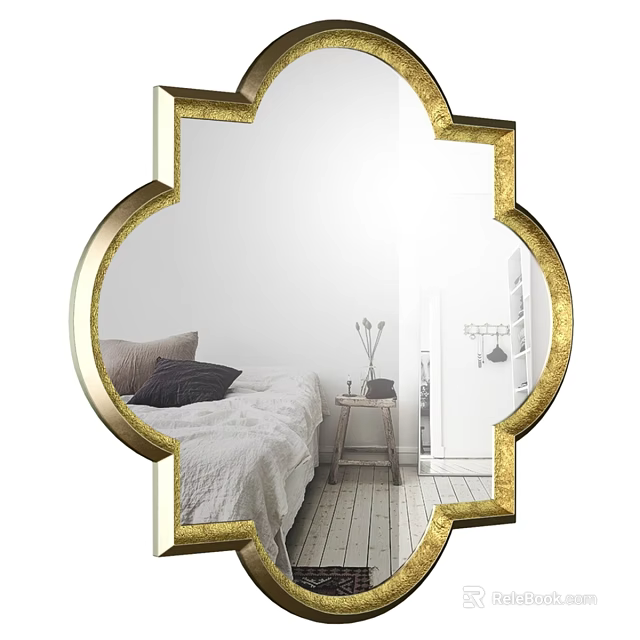 Golden Framed Scalloped Mirror Reflecting Bedroom Interior With Bed And Nightstand 3d model 