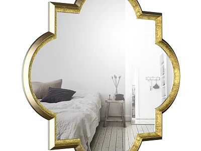 Golden Framed Scalloped Mirror Reflecting Bedroom Interior With Bed And Nightstand 3d model