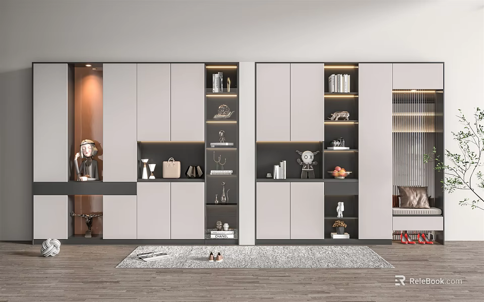 Modern Shoe Cabinet Design With Open Shelves And Decorative Storage Elements 3d model
