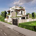 Modern Two Story Detached Villa With Roof Greenery Black Gate And White Fence