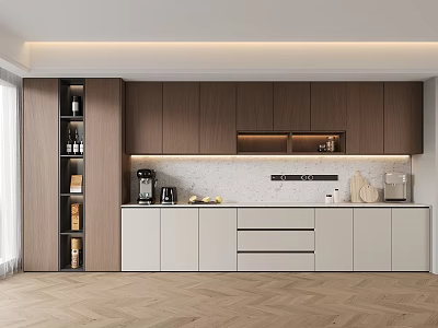 Modern Wooden Sideboard with Beige and Dark Brown Cabinets Marble Countertop and Coffee Machine Decorations 3d model