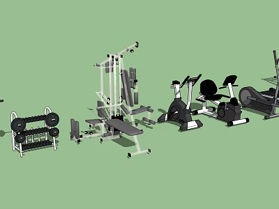 Complete Home Gym Sports Equipment Featuring Dumbbells Exercise Bench Stationary Bike And Multi Gym Machine 3d model