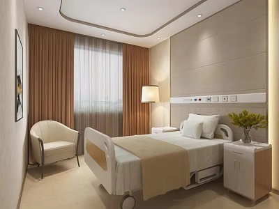 Modern Hospital Ward Interior With Comfortable Bed Nightstand Chair Table Lamp And Window Curtains 3d model