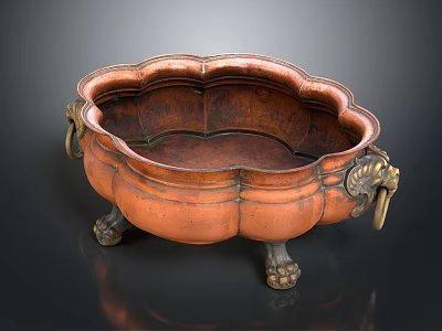 Vintage Copper Washing Basin with Floral Edge Metal Handles and Claw Feet for Daily Use 3d model