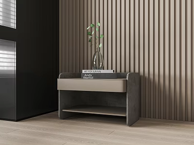 Modern Bedside Table with Wooden Slat Wall Green Plant Vase Book Drawer and Shelf Design 3d model