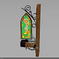 Stained Glass Window Design With Wooden Frame And Wrought Iron Scrollwork