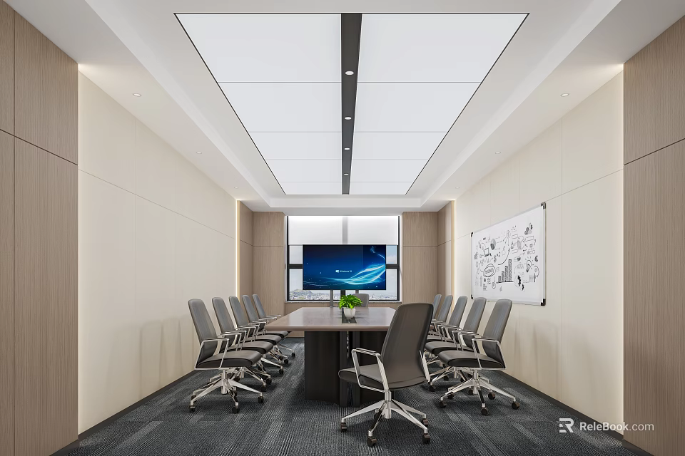 Modern Conference Room Interior With Long Table Office Chairs Large Screen And Wall Blueprint Setup 3d model 