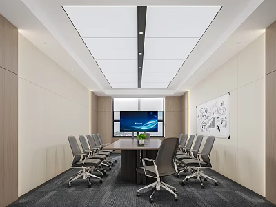 Modern Conference Room Interior With Long Table Office Chairs Large Screen And Wall Blueprint Setup 3d model