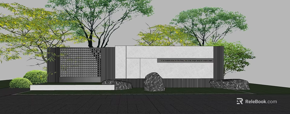 Modern Geometric Feature Wall Landscape Design With Lattice Panel Stone Accents And Green Trees 3d model 