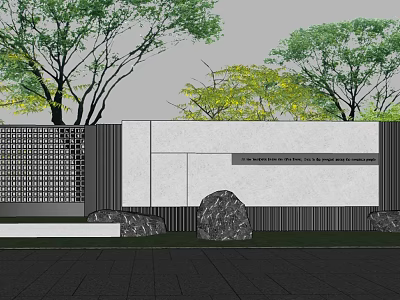 Modern Geometric Feature Wall Landscape Design With Lattice Panel Stone Accents And Green Trees 3d model