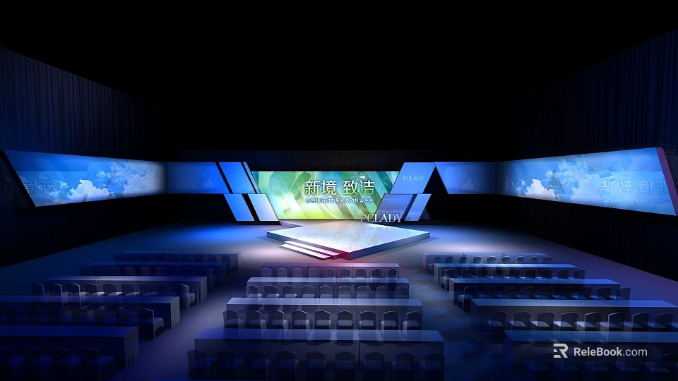 Hotel Banquet Hall Interior With Stage Seats Large Screens And Lighting Design 3d model 