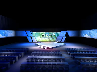 Hotel Banquet Hall Interior With Stage Seats Large Screens And Lighting Design 3d model