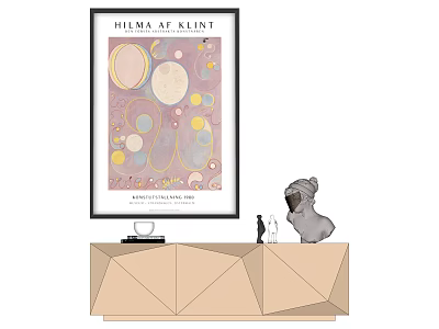 Helma AF Klint Art Print With Circular Patterns On Geometric Beige Cabinet With Dog Figurine 3d model